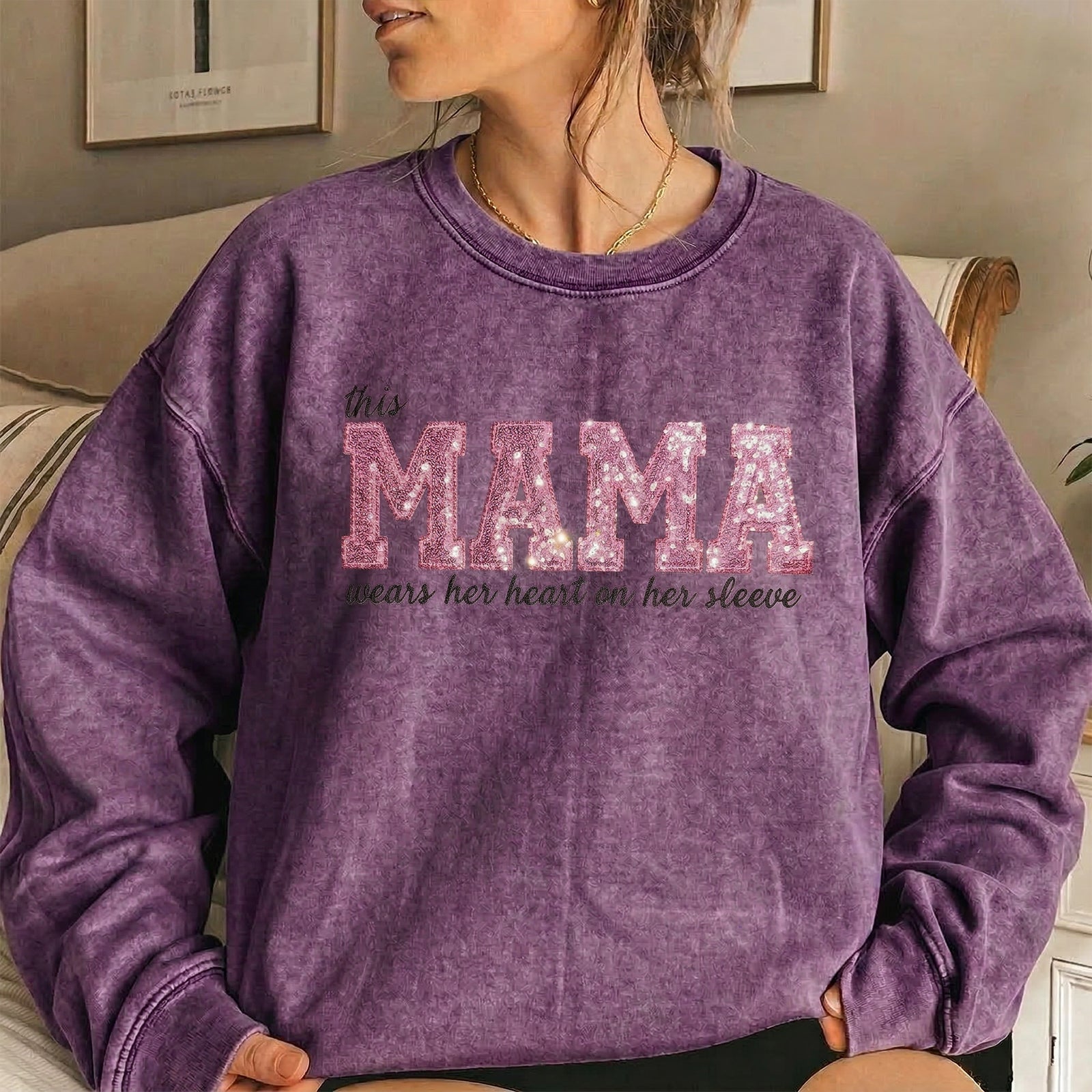 Custom Mama Sequin Embroidered Washed Sweatshirt & T-shirt & Hoodie with Kids' Names | Mother's Day Gift