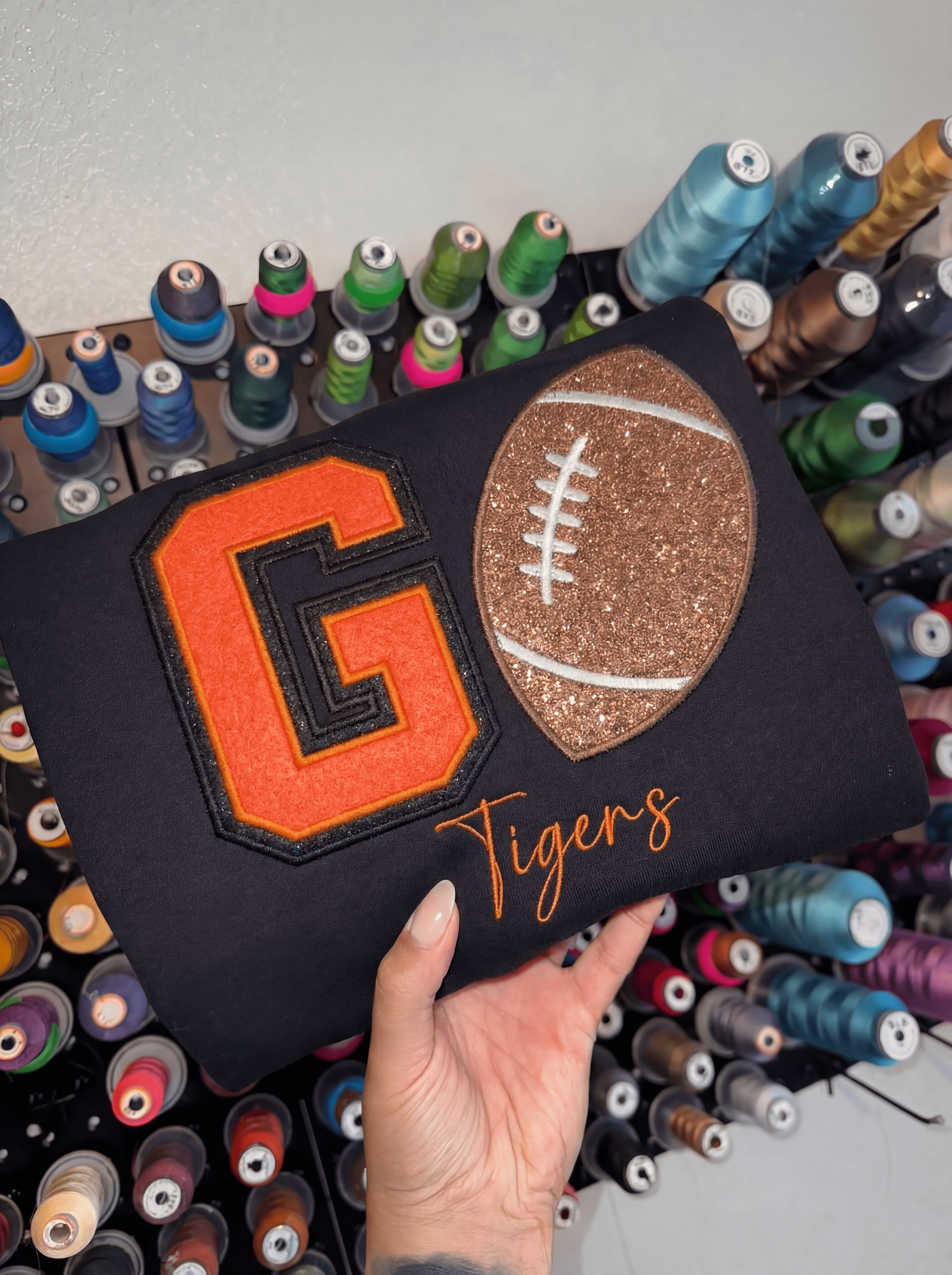Custom Game Day Football Sweatshirt – Glitter Varsity Letter & Applique School Spirit Wear | Gifts for Sports Mom