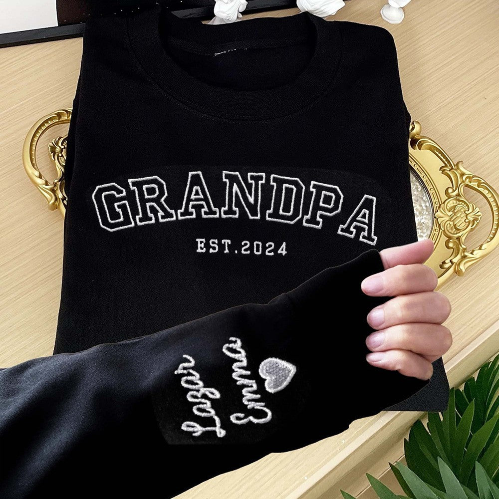 Custom Grandpa Embroidered Sweatshirt Hoodie With Grandkids Names On the Sleeve For Father's Day