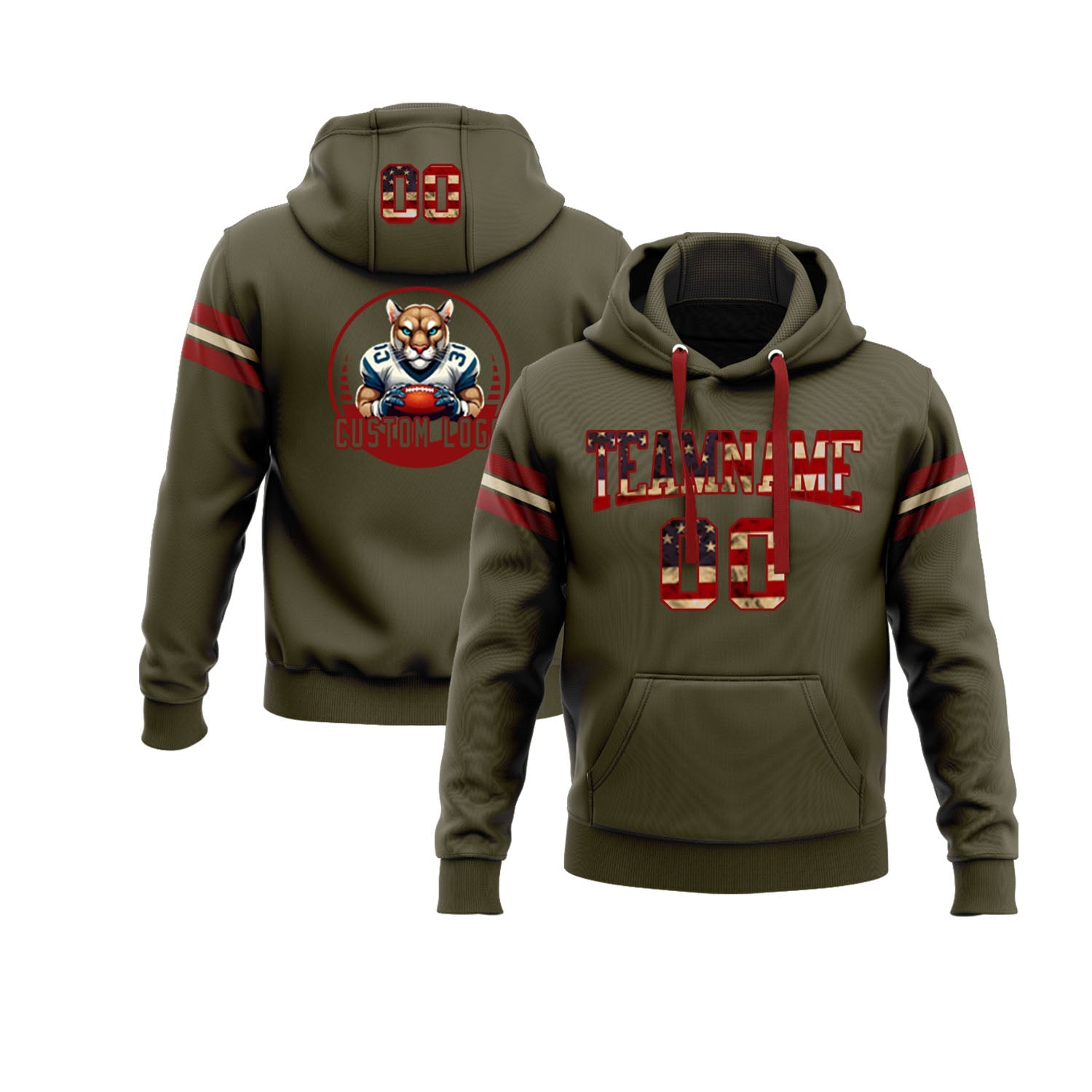 Custom Olive Vintage USA Flag Red-Cream Personalized Sports Team Embroidered Pullover Hoodie