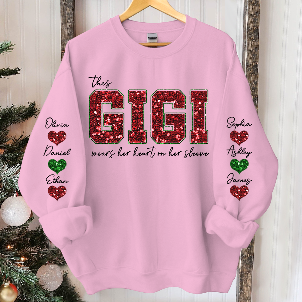 Custom This Gigi Wears Her Heart on Her Sleeve And Kids name Sequin Applique Embroidered Christmas Sweatshirt