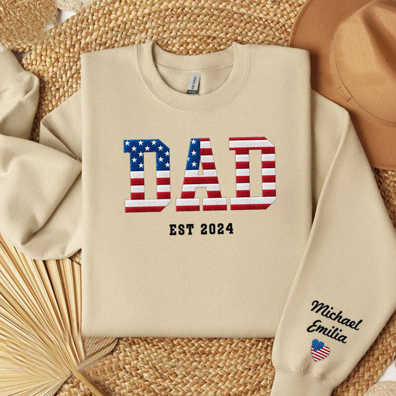 Personalized Embroidered USA Flag Dad Sweatshirt with Kid's Name on Sleeve | Independence Day Gift