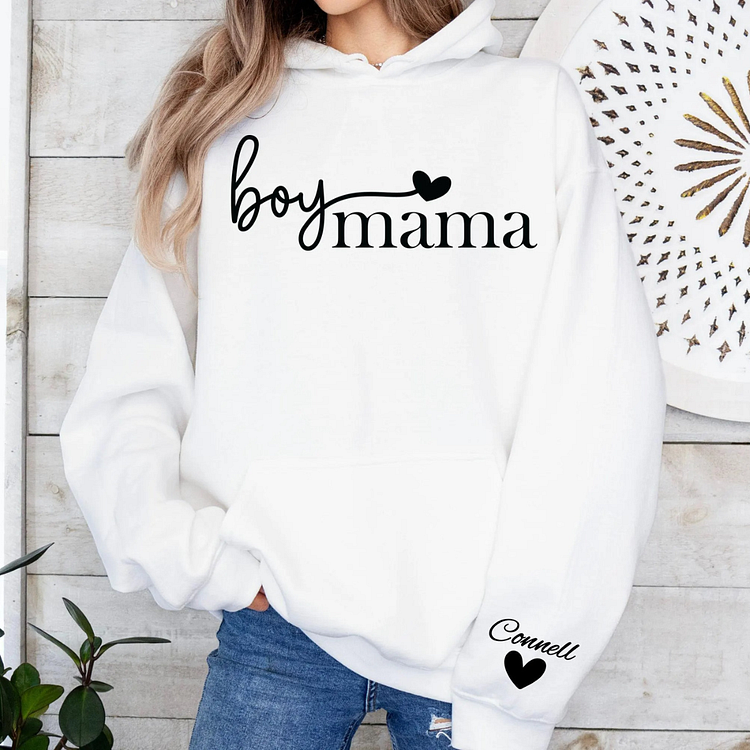 Boy Mama Sweatshirt and Hoodie With Kid Name On Sleeve,Gift for Mom,Birthday Gift for Her