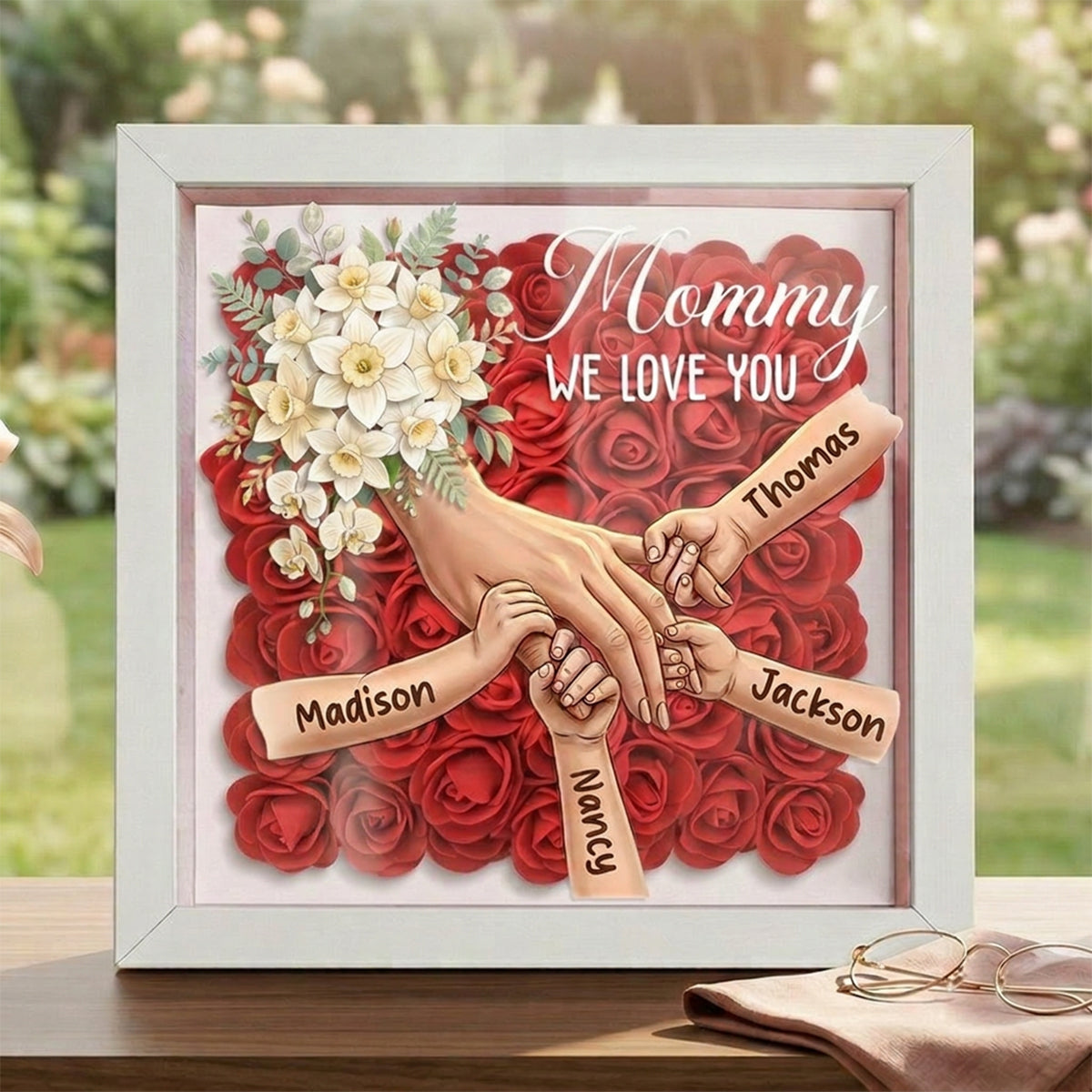 "Daffodil"-Personalized Mom Holding Hands  Shadow Box-Mother's Day Remembrance Frame, In Loving Memory Gift