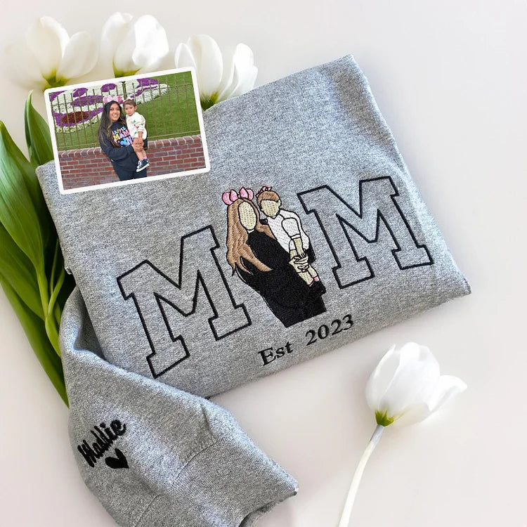 Custom Embroidered Mama Portrait Sweatshirt with Kid Name on Sleeve | Mother's Day Gift