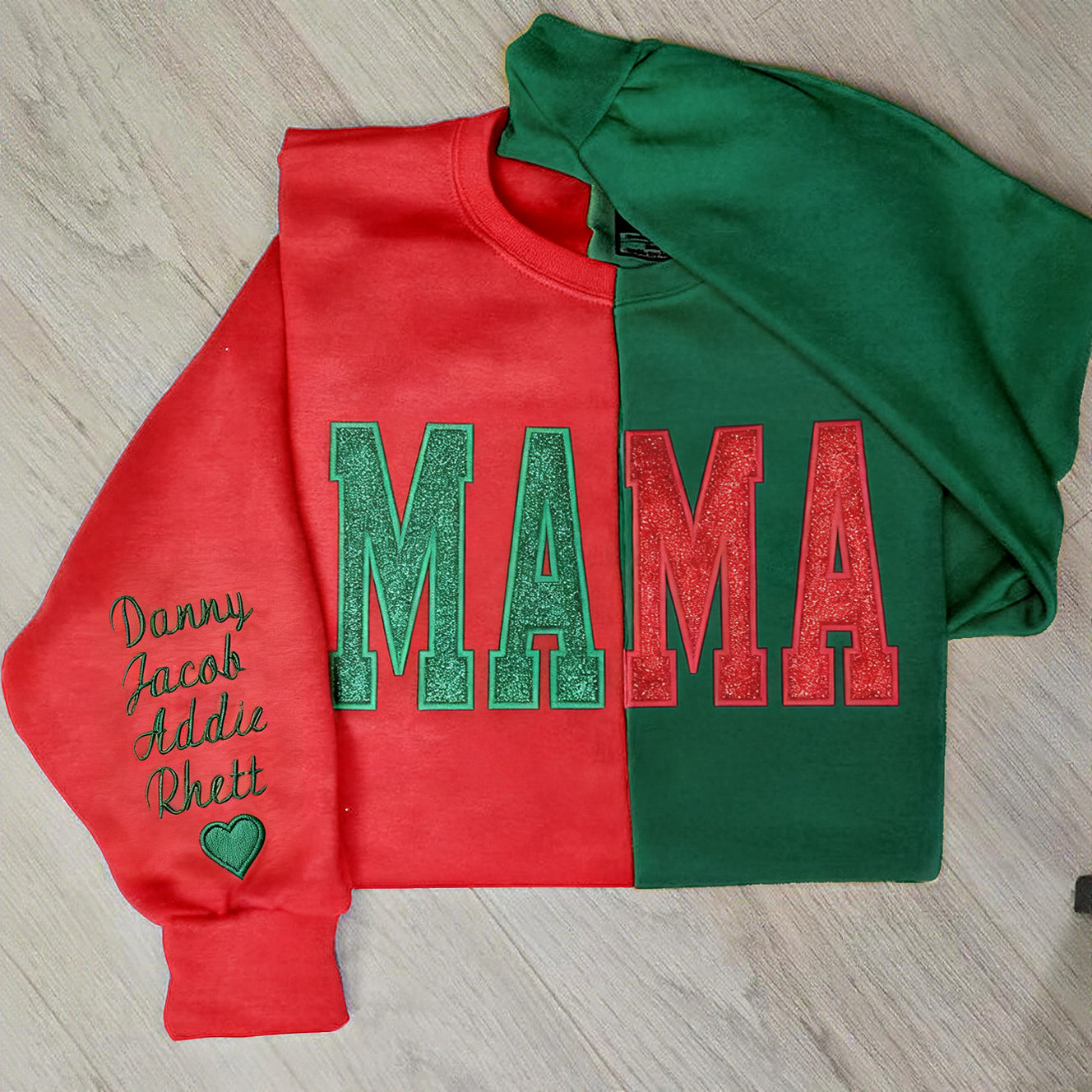 Custom Glitter Two Tone MAMA Embroidered Sweatshirt with Kid's Name on Sleeve | Christmas Gifts for Mom