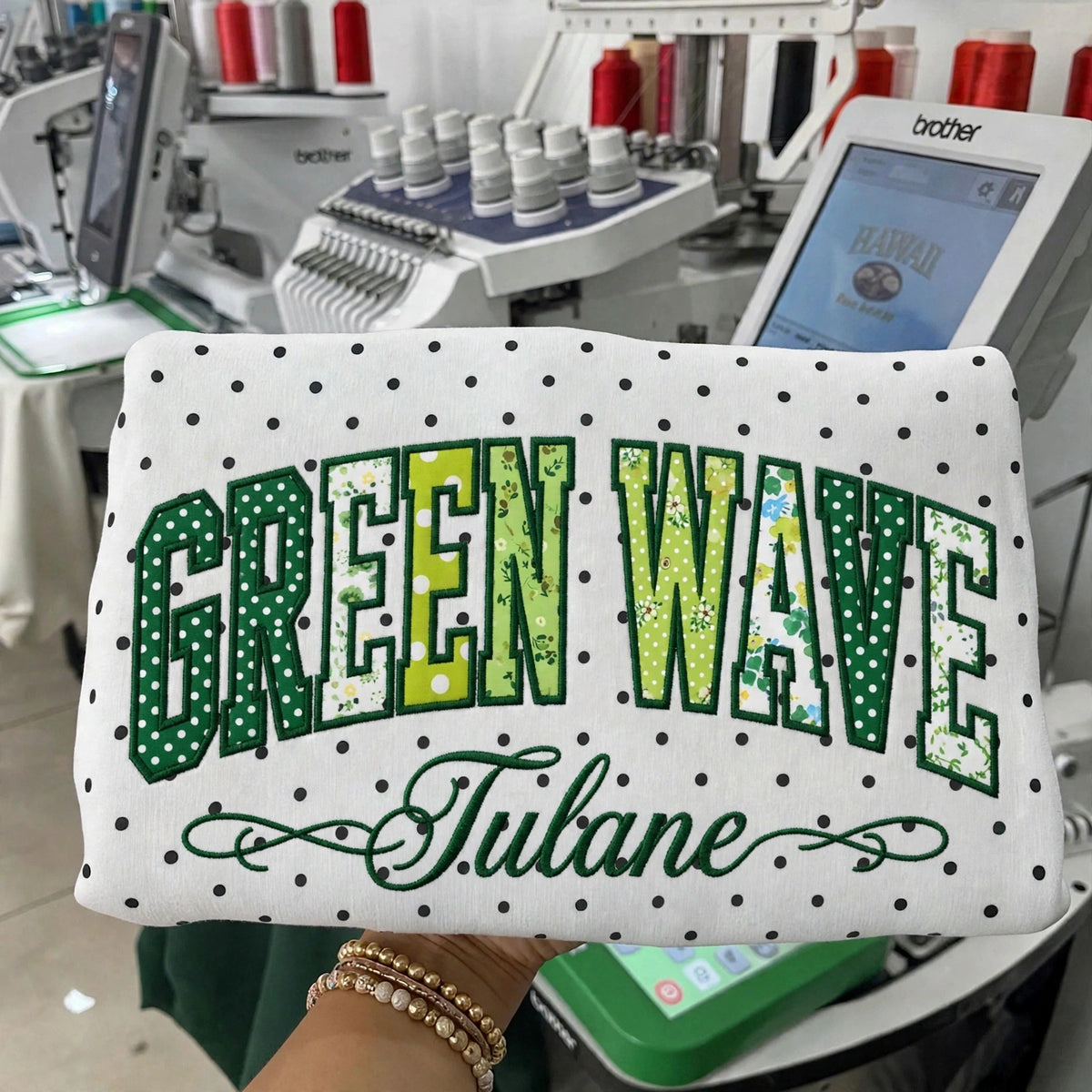 Custom College Football Team Patchwork Fabric Embroidered Polka Dot Sweatshirt Team and School Name Applique Varsity Letters | Game Day Wear
