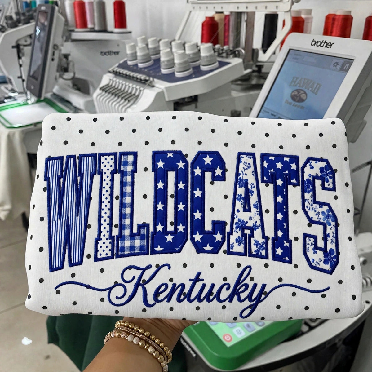 Custom College Football Team Patchwork Fabric Embroidered Polka Dot Sweatshirt Team and School Name Applique Varsity Letters | Game Day Wear