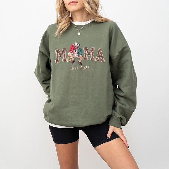 Custom Embroidered Mama Portrait Glitter Sweatshirt with Date and Kids Name | Mother's Day Gift