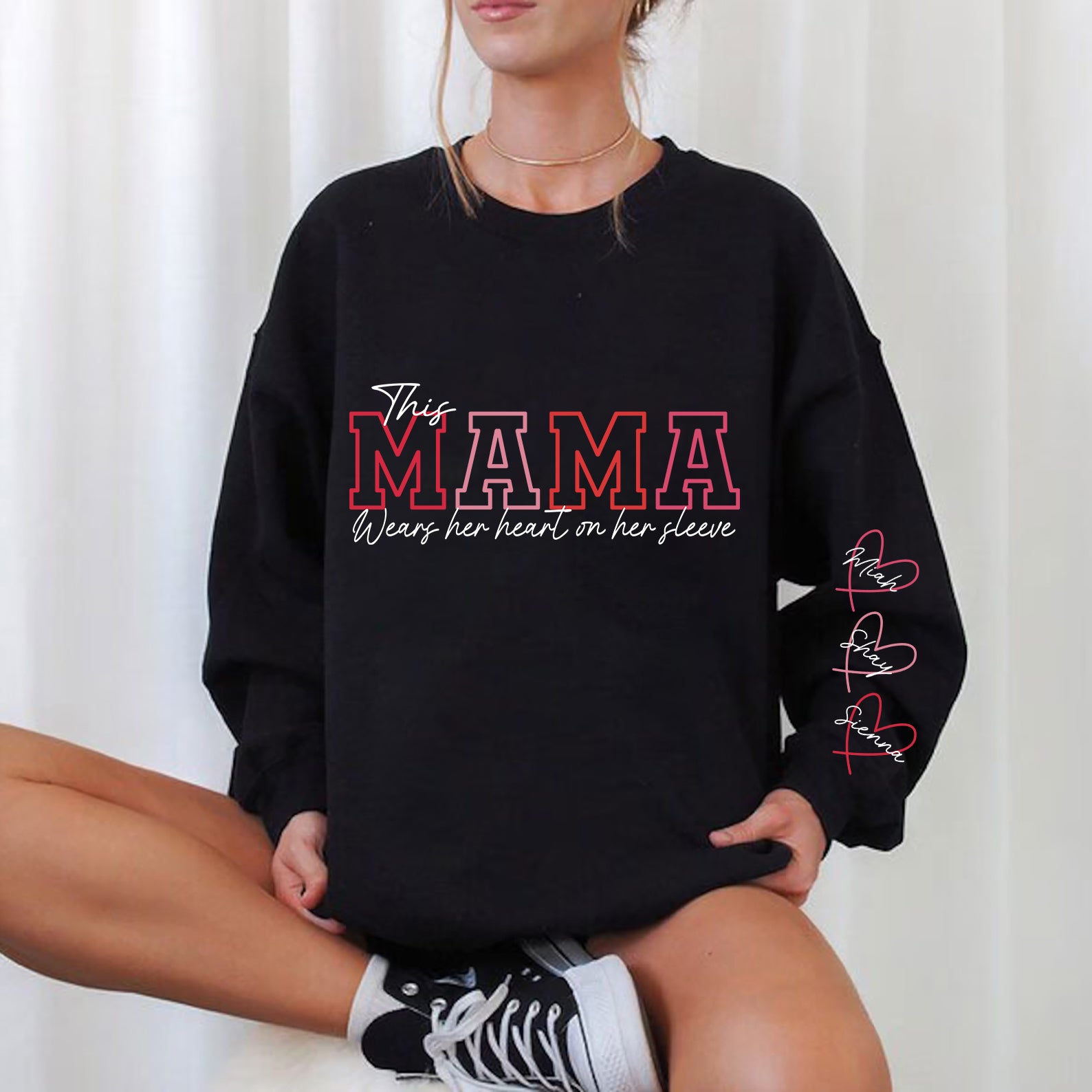 Wear Your Heart on Your Sleeve – Personalized Mama Sweatshirt with Kids’ Names | for Mom and Grandma Gift
