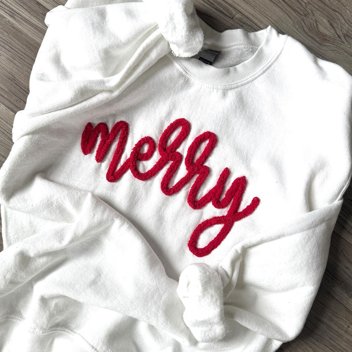Custom Merry Christmas Chenille Yarn Embroidered Crewneck Sweatshirt