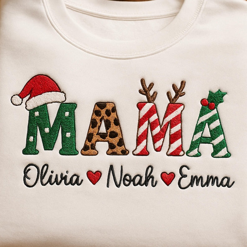 Personalized Mama Christmas Embroidery Sweatshirt With Family Member's Name