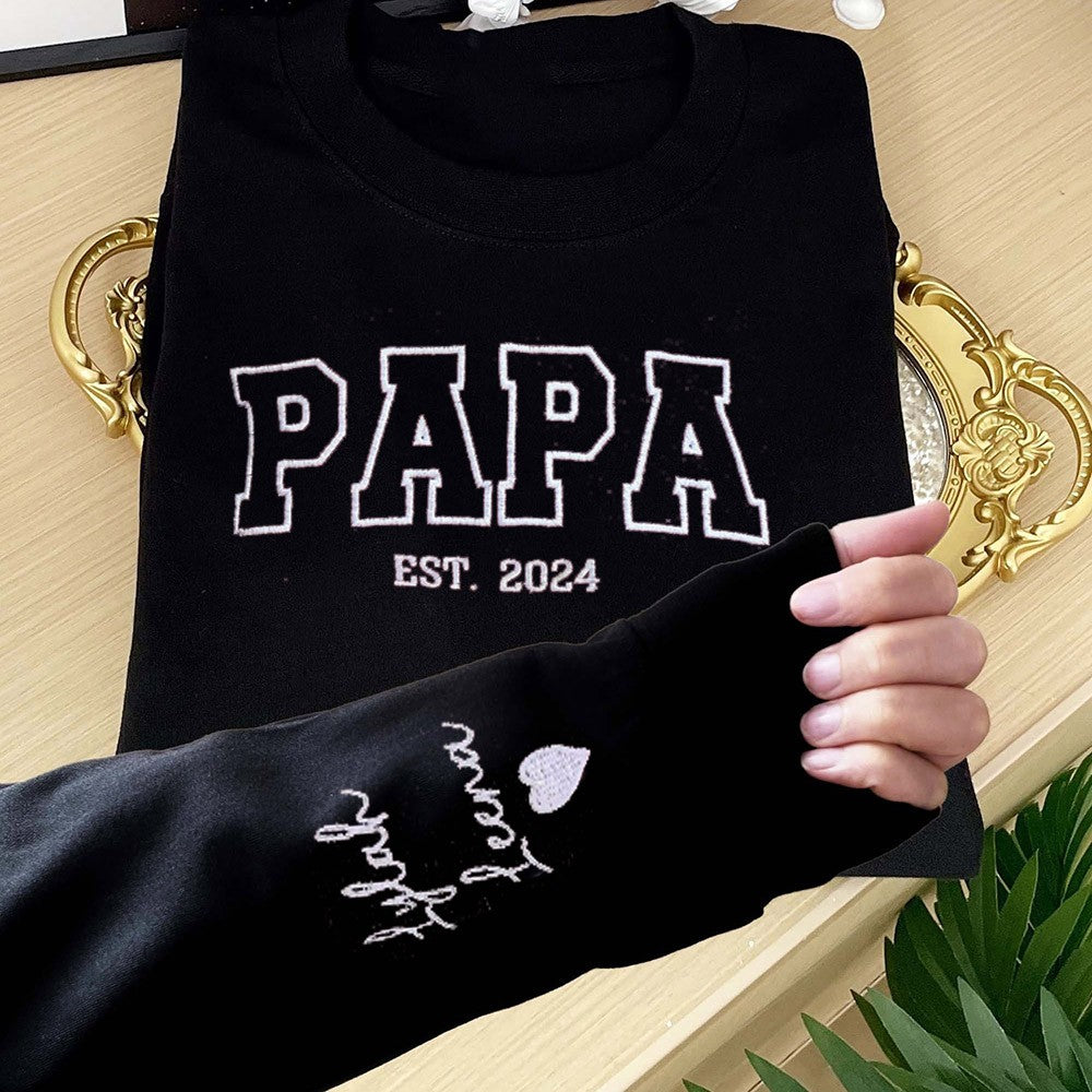 Custom Papa Embroidered Sweatshirt Hoodie With Kids Names On The Sleeve For Father's Day