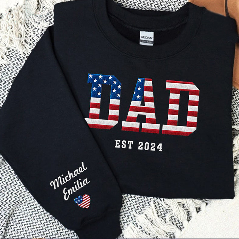 Personalized Embroidered USA Flag Dad Sweatshirt with Kid's Name on Sleeve | Independence Day Gift