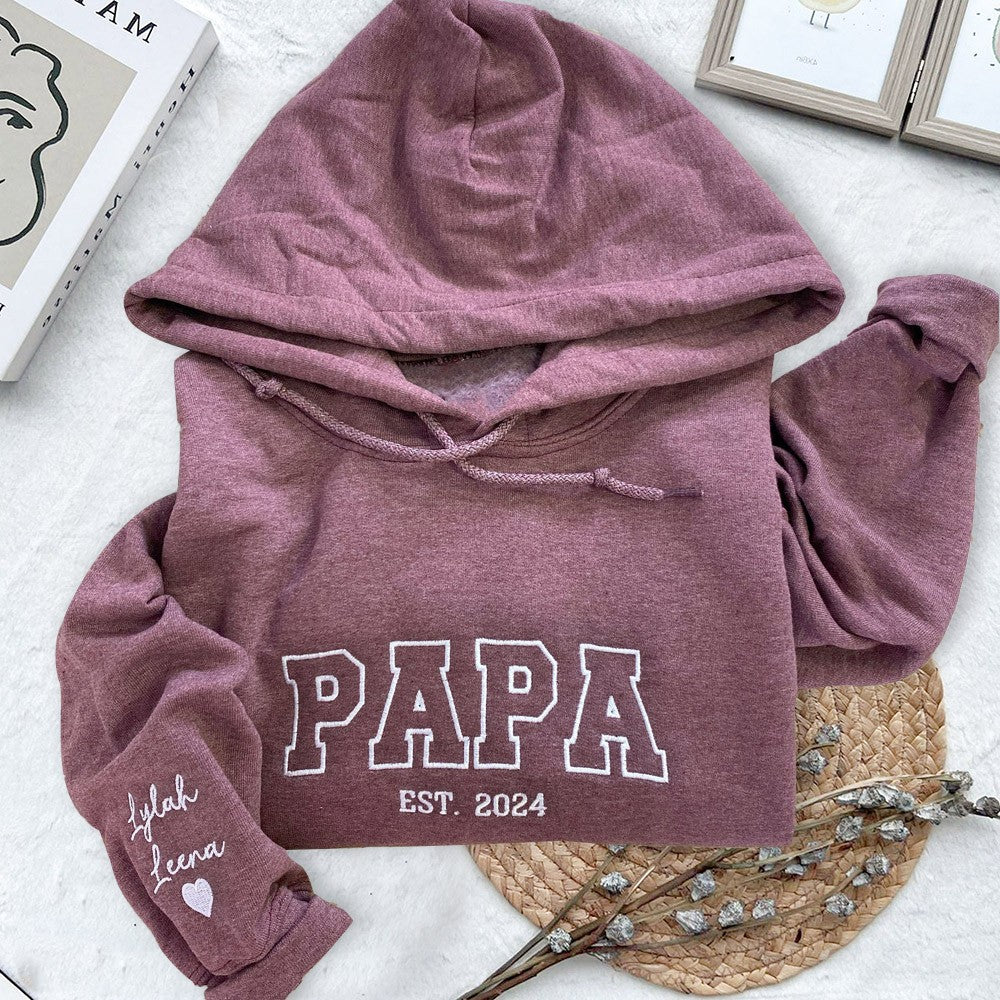 Custom Papa Embroidered Sweatshirt Hoodie With Kids Names On The Sleeve For Father's Day