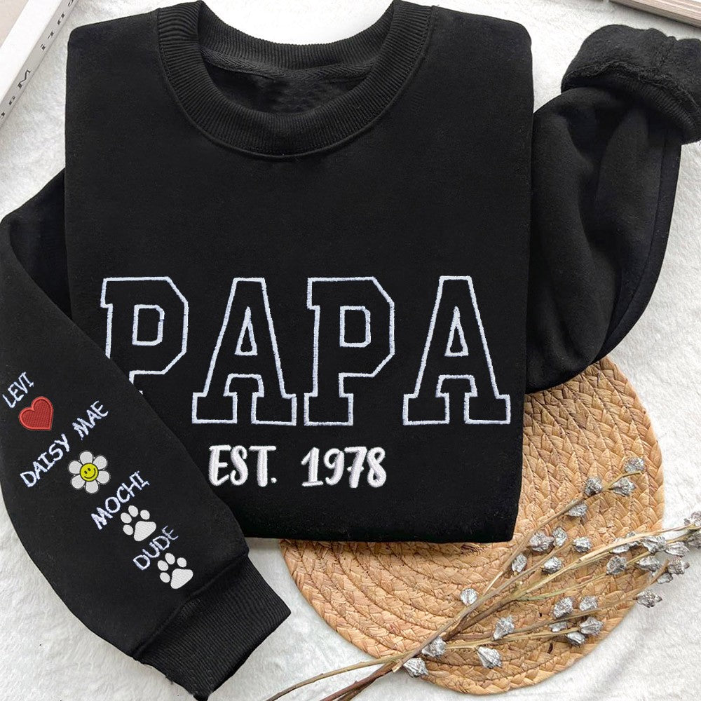Custom Papa Embroidered Sweatshirt Hoodie With Kids Names And Special Icon For Father's Day