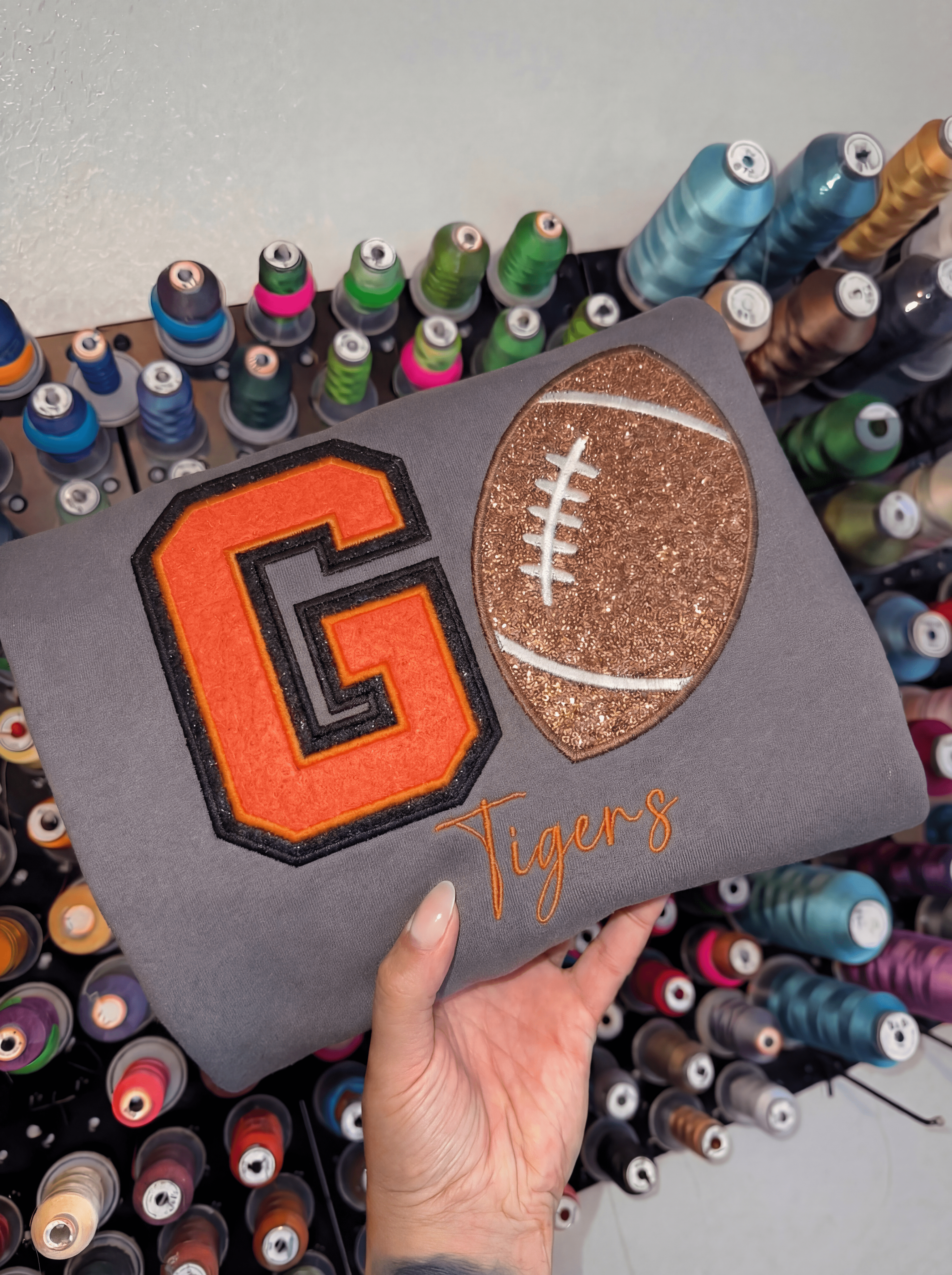 Custom Game Day Football Sweatshirt – Glitter Varsity Letter & Applique School Spirit Wear | Gifts for Sports Mom