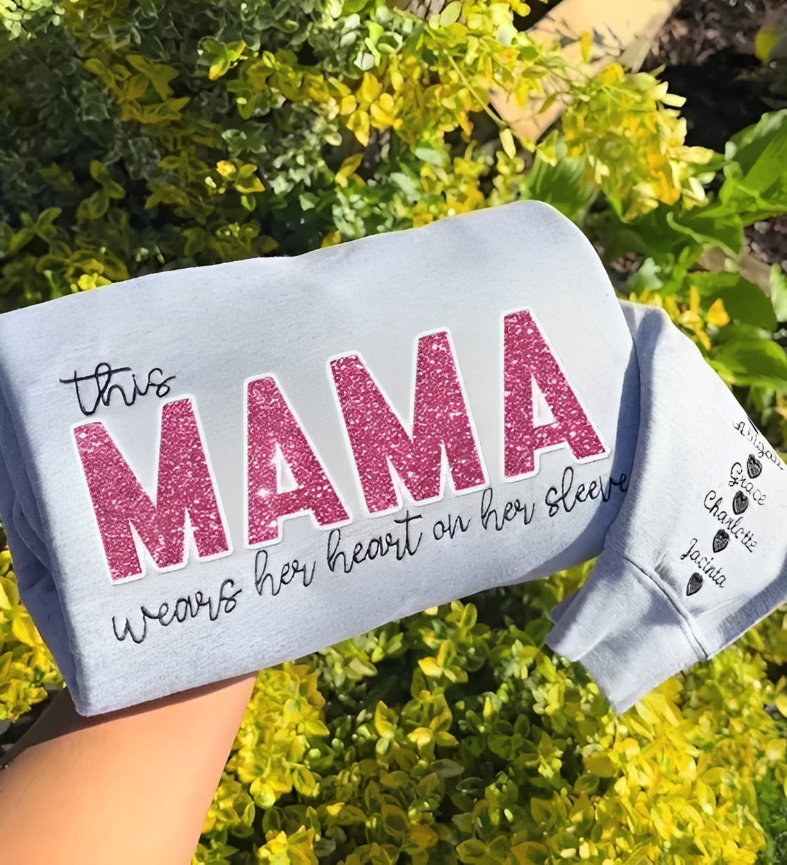 Custom Glitter Mama Wears Her Heart on Her Sleeves Embroidered Sequined Sweatshirt Gift for Mom/Grandma | Mother's Day Gift