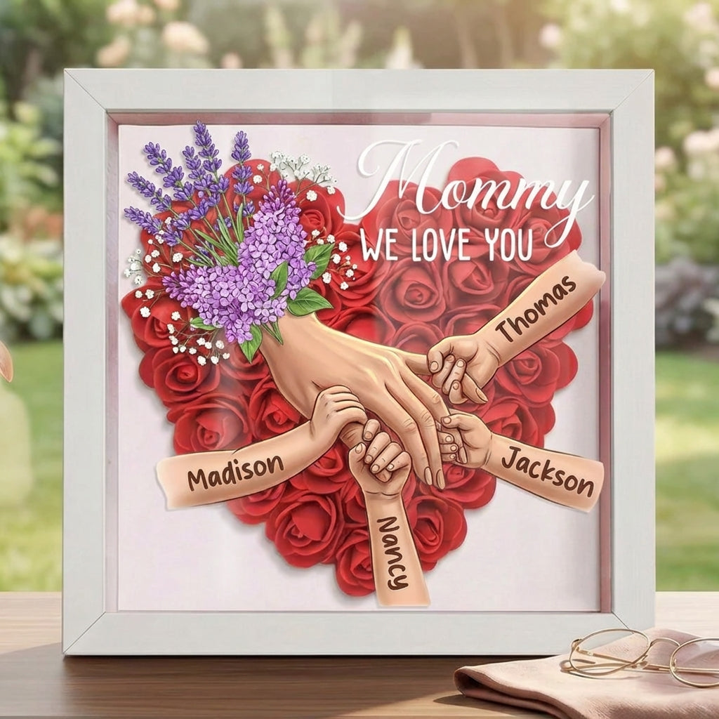 "Lavender"-Personalized Mom Holding Hands Flower Shadow Box-Mother's Day Remembrance Frame, In Loving Memory Gift