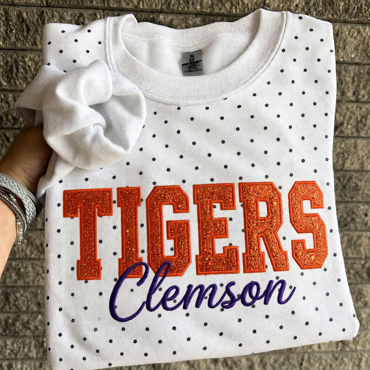 Custom Embroidered College Team Glitter Vinyl Polka Dot Sweatshirt - Game Day Best Gear | Sports Lover Gift