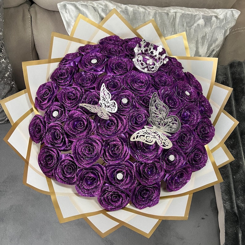 💕Glitter Purple Rose Bouquet💕 - An Ideal Expression of Love(Ships Within 24 Hours - Buy More Save More) | Valentines Flower Couple Anniversary Gift