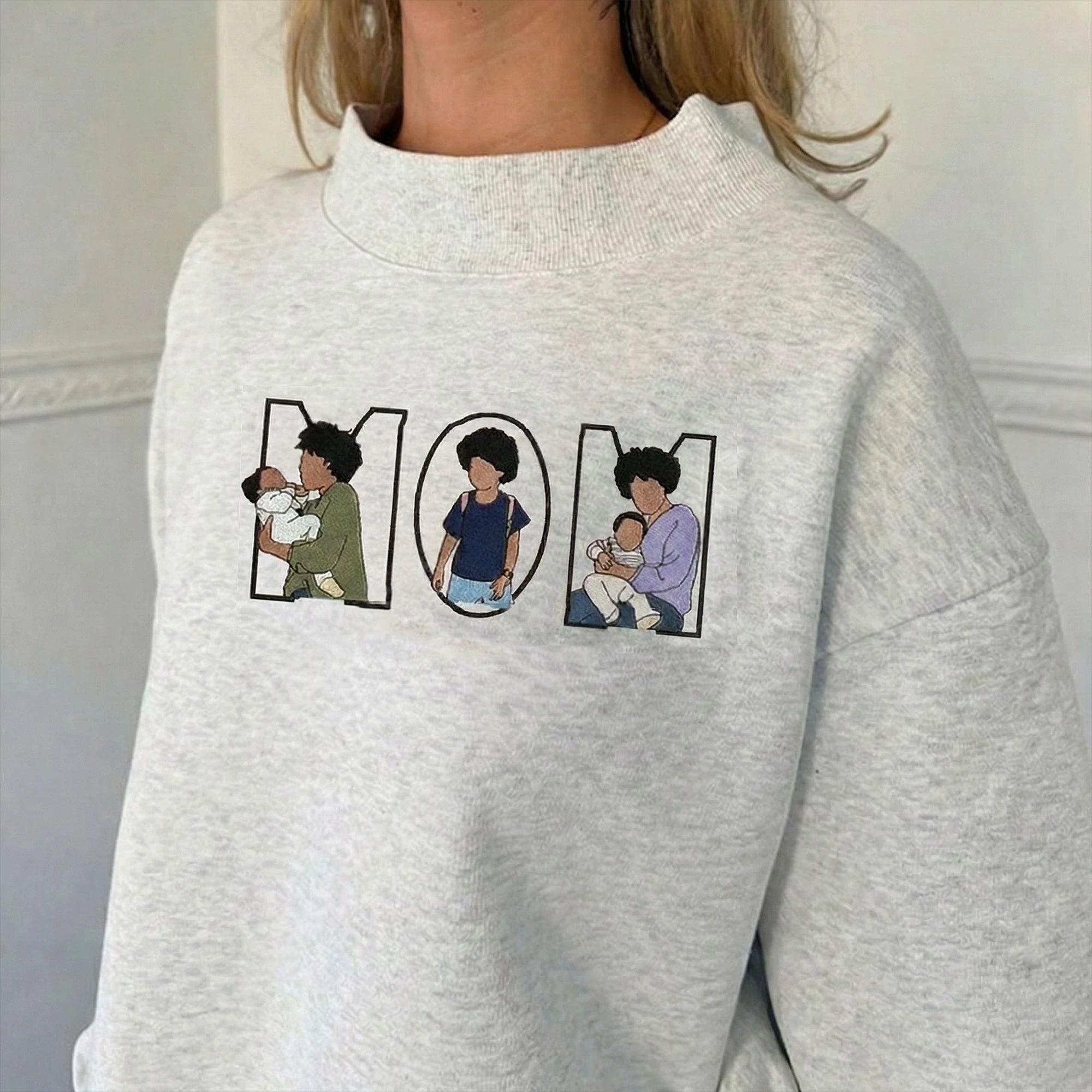 Custom MOM Portrait Embroidered Stand Collar Sweatshirt – Personalized Multi Photo Letter Pullover, Washed Cotton Mother’s Day Gift | Mother's Day Gift