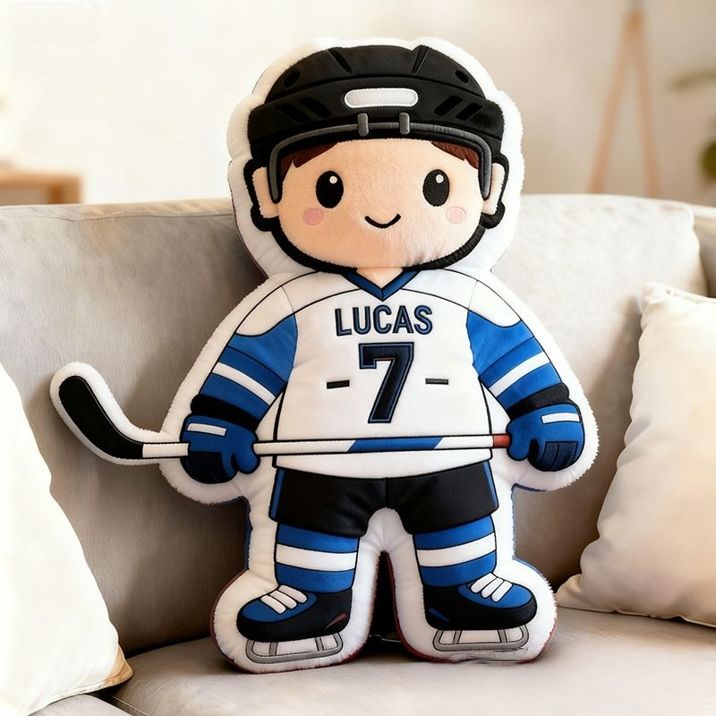 Personalized Cute Ice Hockey Themed Pillow with Custom Name and Jersey Number for Kids and Fans