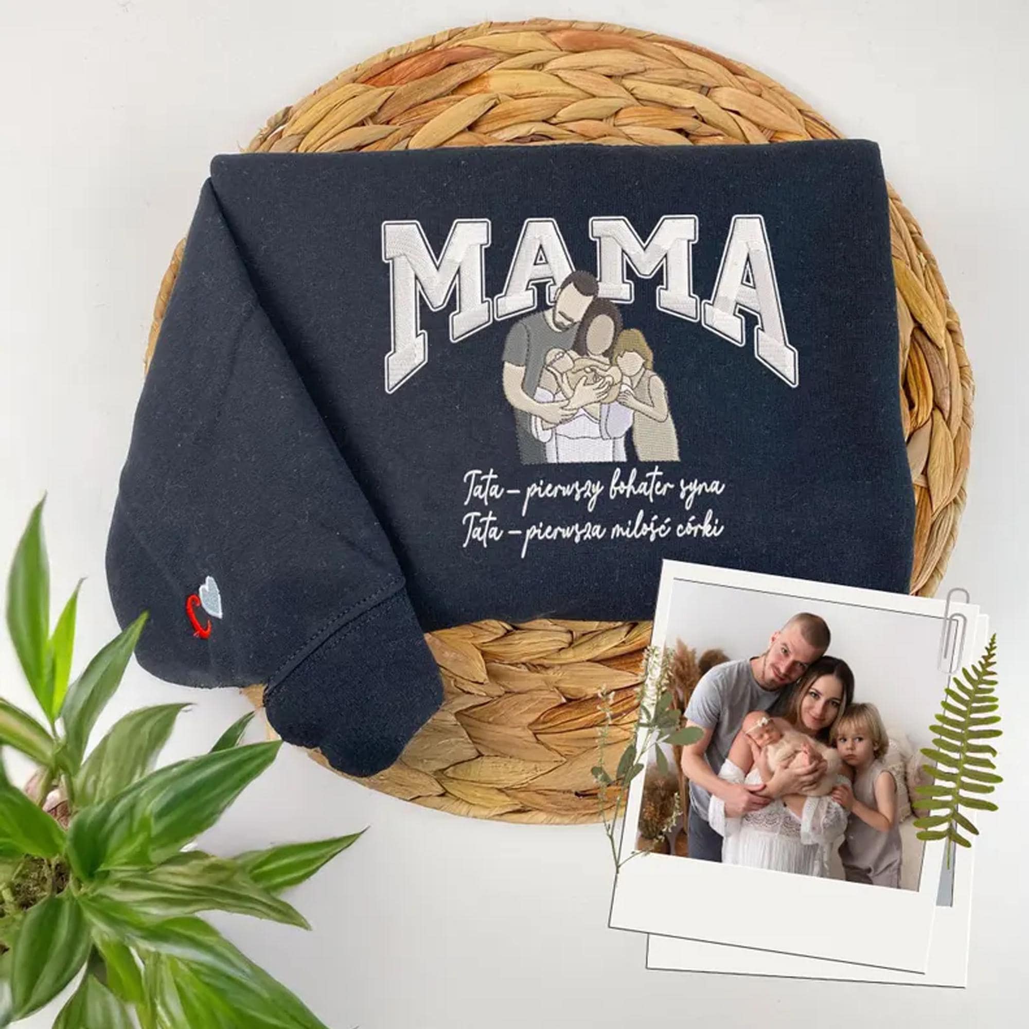 Custom Embroidered Mama Portrait Photo Sweatshirt with Kid Name on Sleeve | Mother's Day Gift