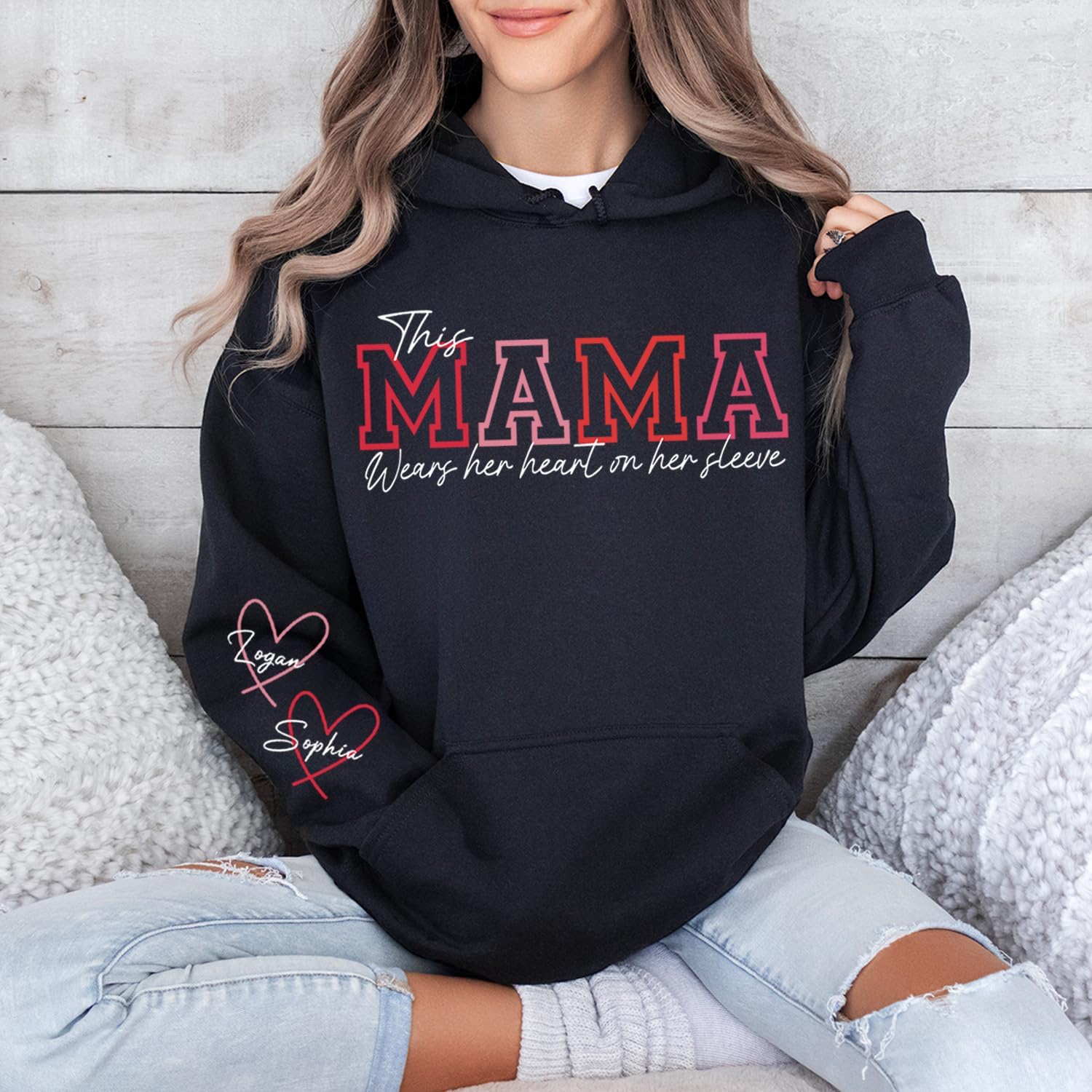 Wear Your Heart on Your Sleeve – Personalized Mama Sweatshirt with Kids’ Names | for Mom and Grandma Gift
