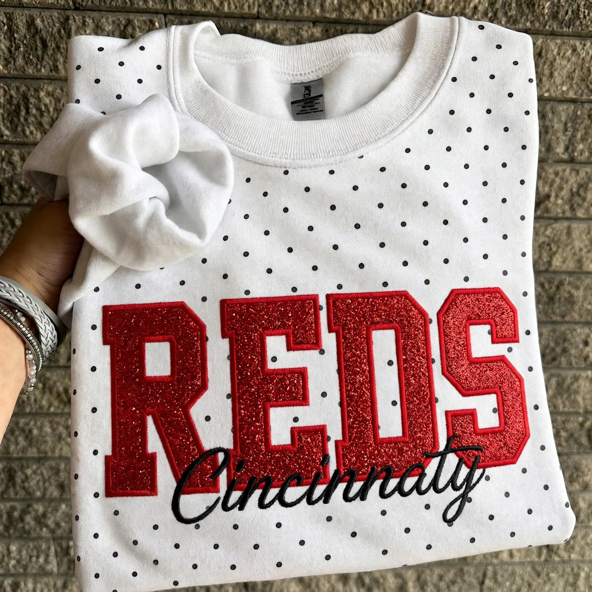 Custom Embroidered Baseball Team Glitter Vinyl Polka Dot Sweatshirt - Game Day Best Gear | Baseball Lover Gift