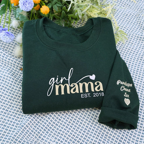 Girl Mama Sweatshirt or Hoodie with Kid Names on Sleeve - Embroidered Gift for Girl Mama