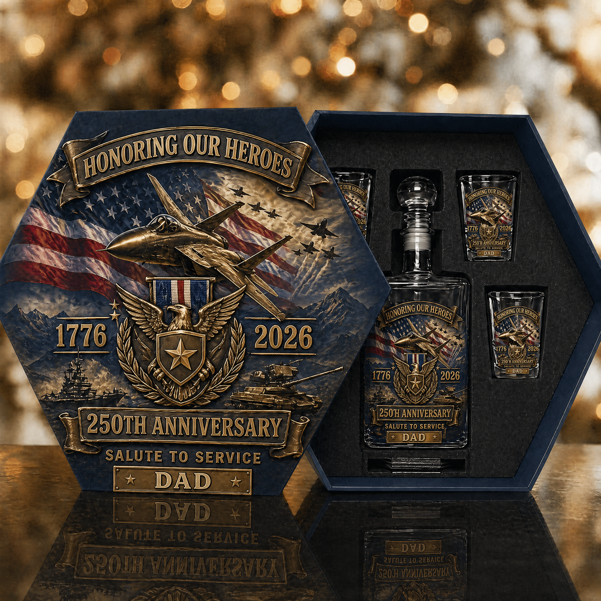 Custom Name USA 250th Anniversary Whiskey Decanter Set | 1776-2026 Patriotic Father's Day Gift | Hexagonal Wooden Box, 4 Glasses & Coasters