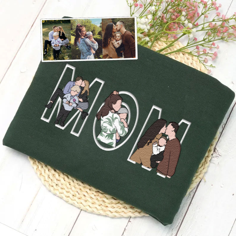 Custom Photo Portrait Embroidery Sweatshirt | Gift For Dad/Mama/Family | Mother's Day Gift