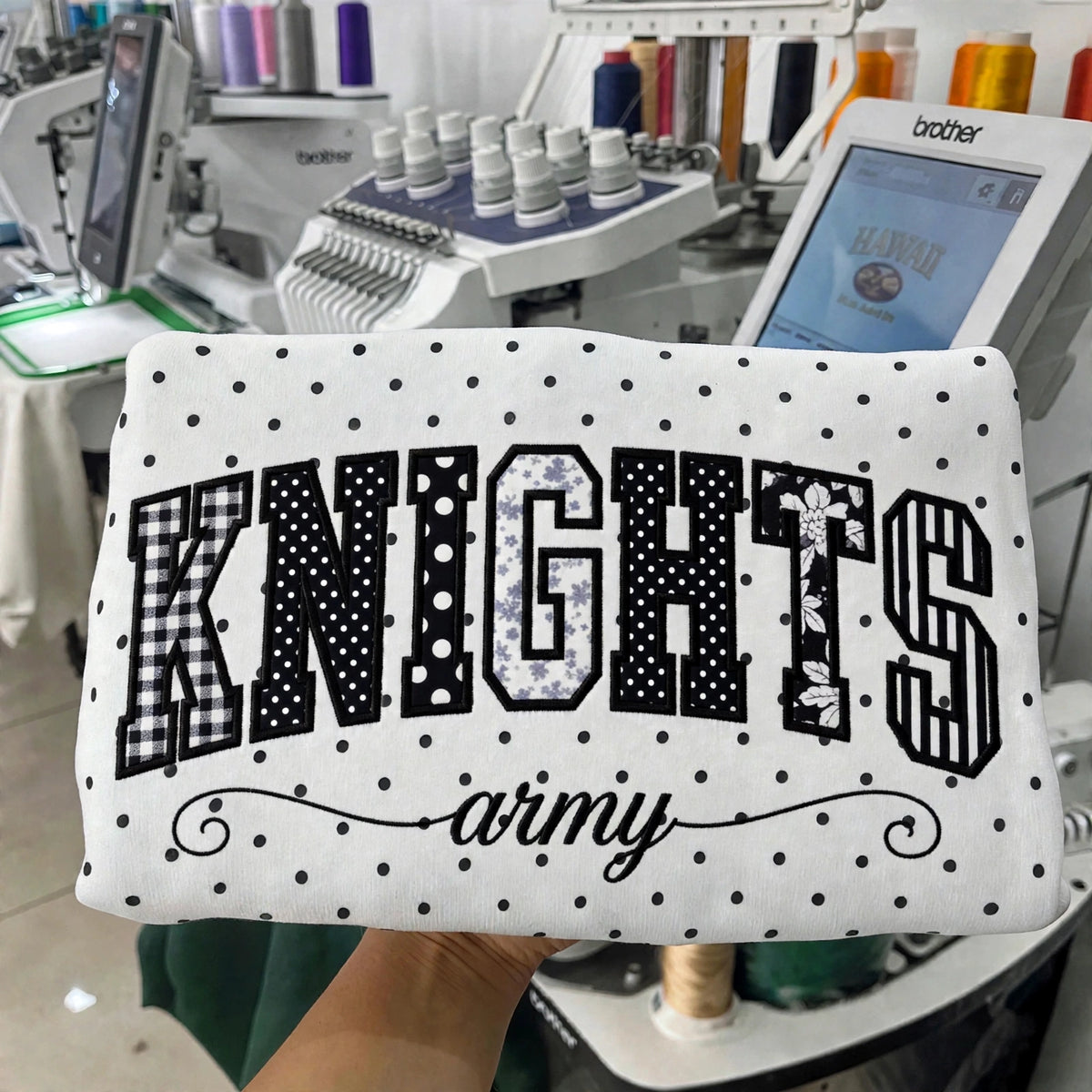 Custom College Hockey Team Patchwork Embroidered Polka Dot Sweatshirt | Hockey Fan Game Day Gear