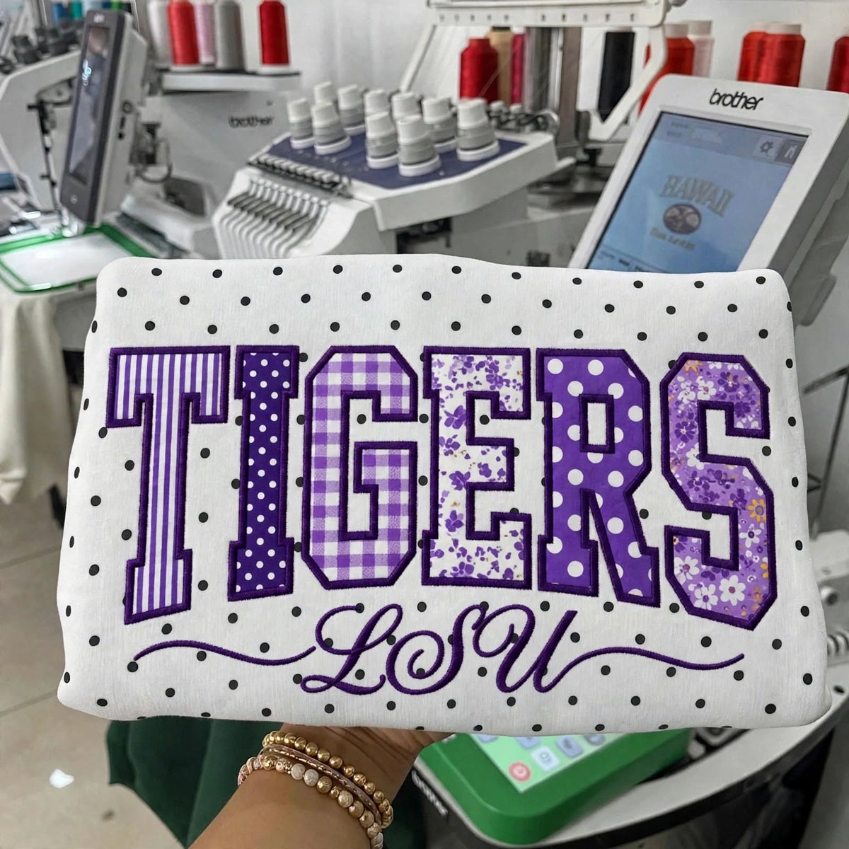 Custom College Football Team Patchwork Fabric Embroidered Polka Dot Sweatshirt Team and School Name Applique Varsity Letters | Game Day Wear