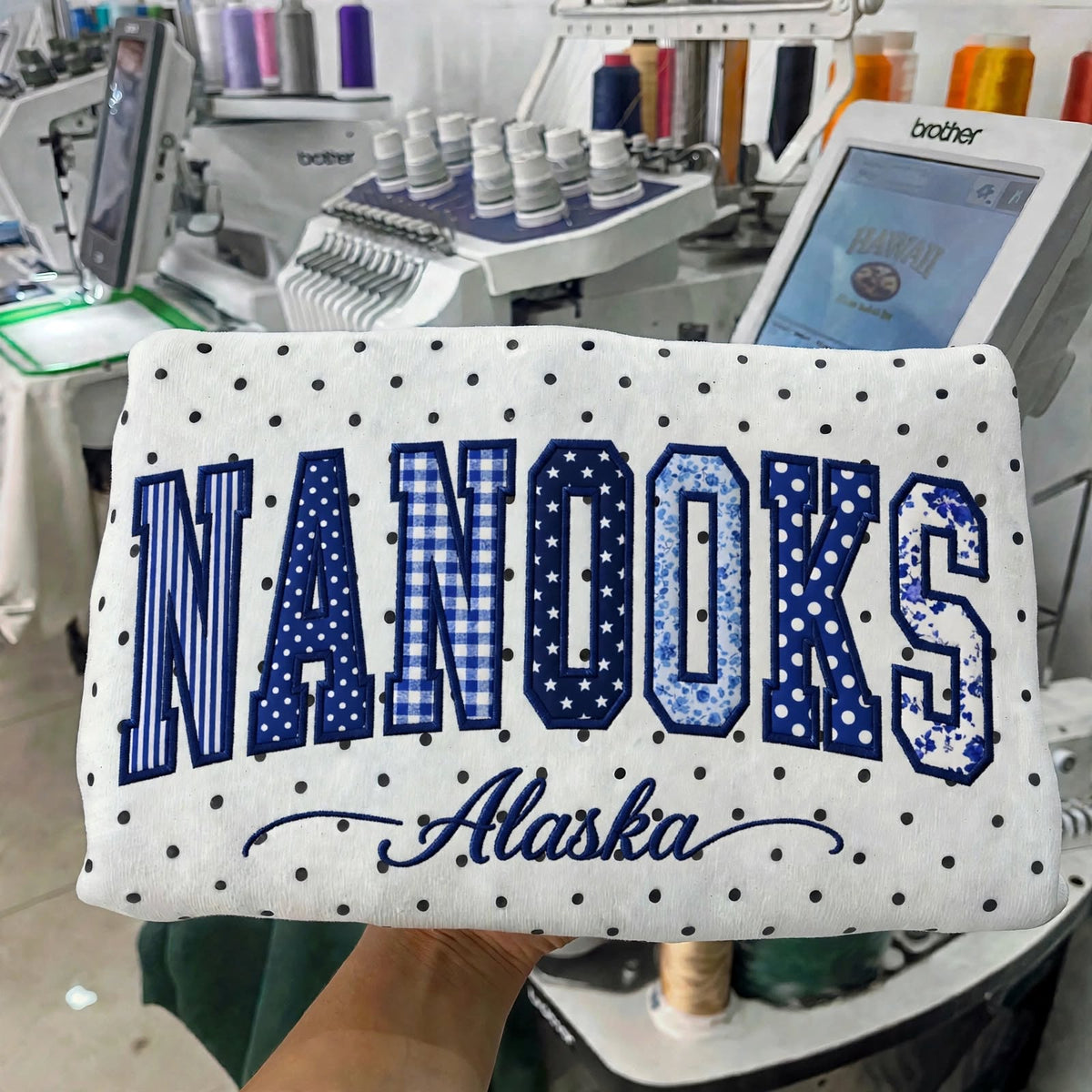 Custom College Hockey Team Patchwork Embroidered Polka Dot Sweatshirt | Hockey Fan Game Day Gear