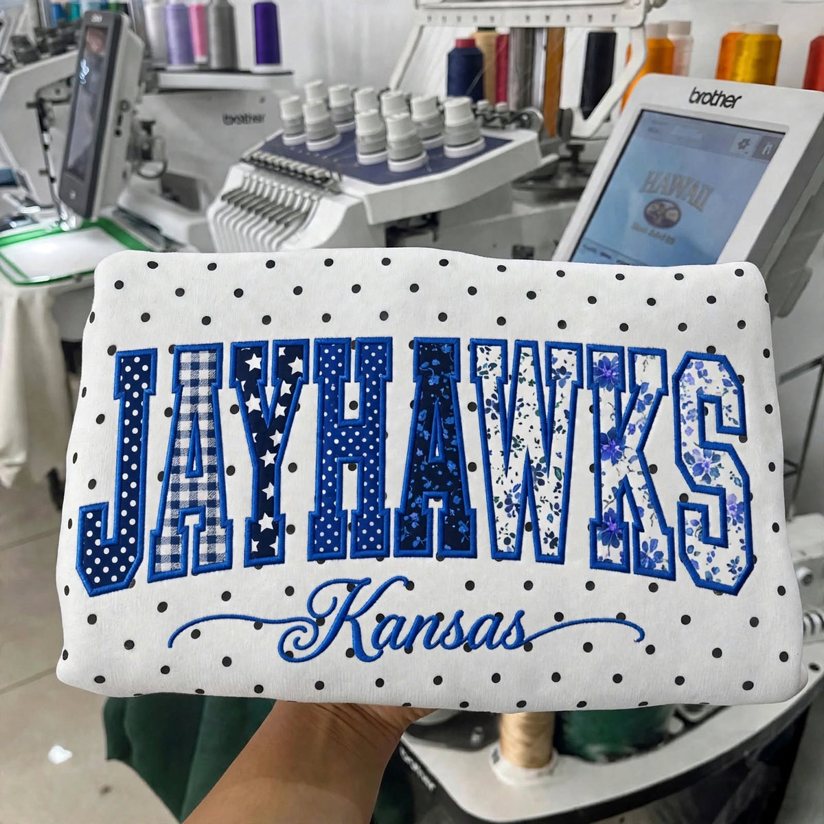 Custom College Football Team Patchwork Fabric Embroidered Polka Dot Sweatshirt Team and School Name Applique Varsity Letters | Game Day Wear