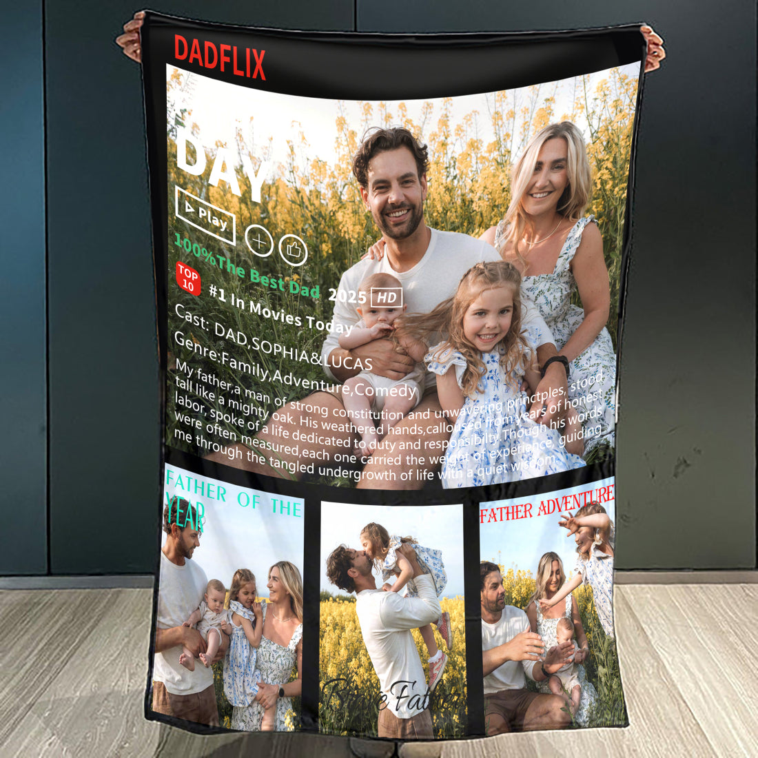 Custom Dadflix Movie Photo Collage Blanket with Dad of The Year | Father's Day Gift