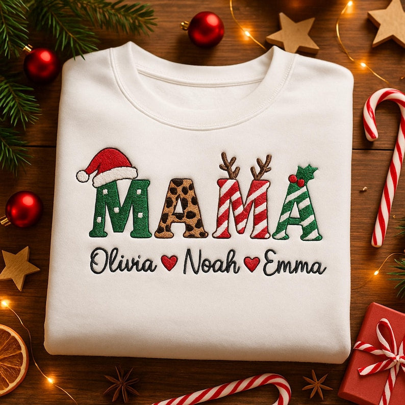Personalized Mama Christmas Embroidery Sweatshirt With Family Member's Name