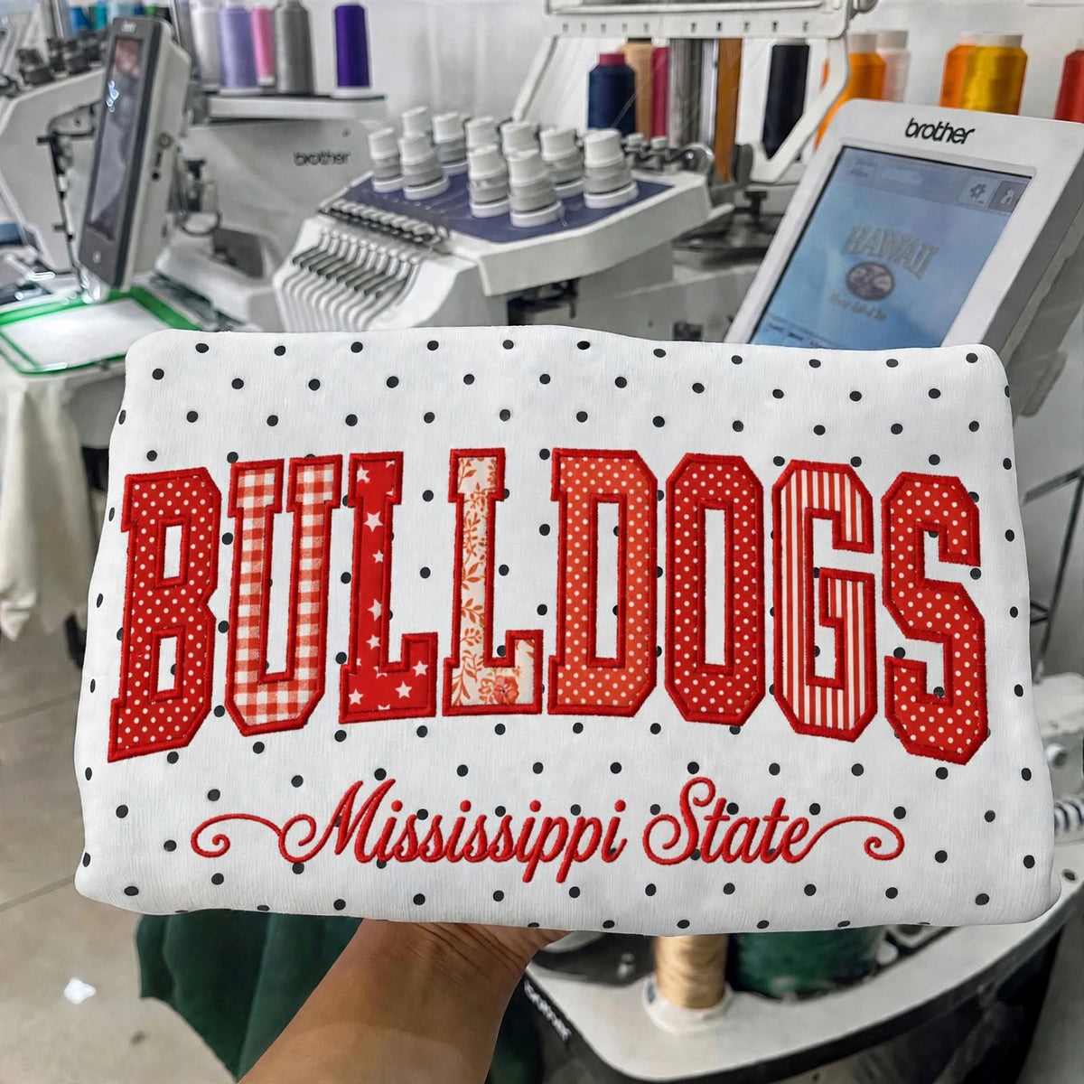 Custom College Football Team Patchwork Fabric Embroidered Polka Dot Sweatshirt Team and School Name Applique Varsity Letters | Game Day Wear