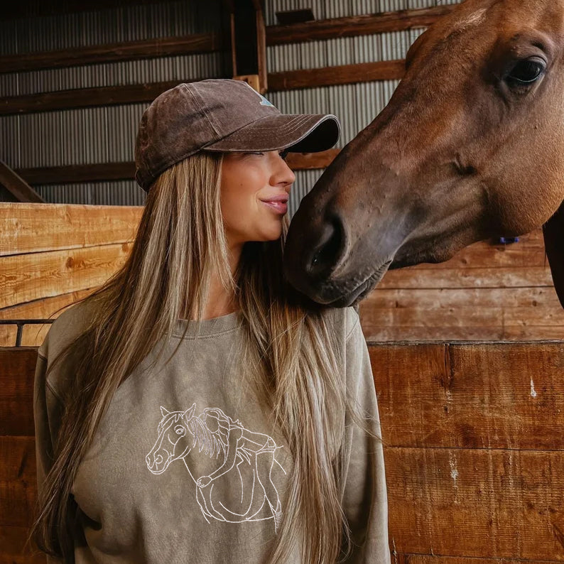 Custom Embroidered Horse Outline Portrait Photo Sweatshirt - Personalized Photo of You & Your Horse