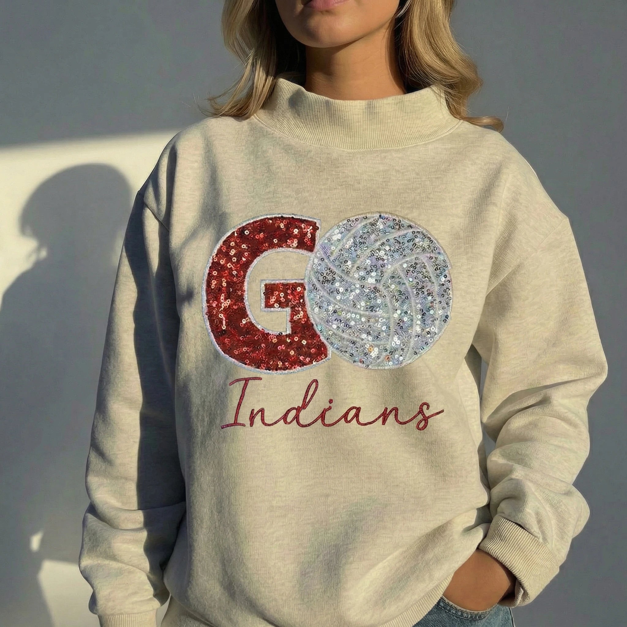 Custom Game Day Volleyball Mockneck Sweatshirt – Sequin Varsity Letter | Gifts for Sports