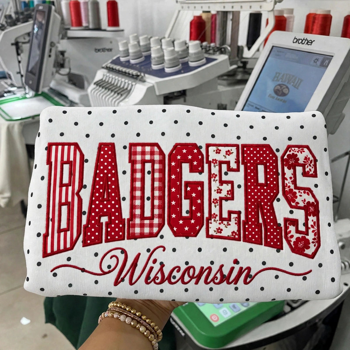 Custom College Football Team Patchwork Fabric Embroidered Polka Dot Sweatshirt Team and School Name Applique Varsity Letters | Game Day Wear