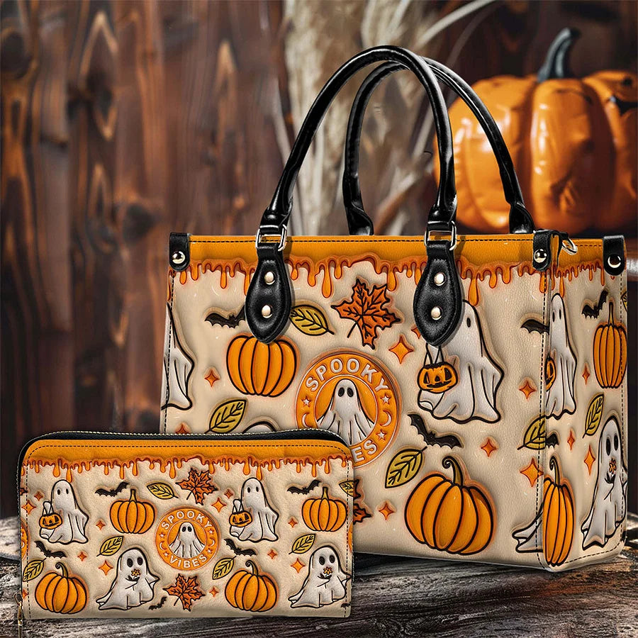 Spooky Vibe Print 3D Inflated Leather Handbag, Halloween Gift