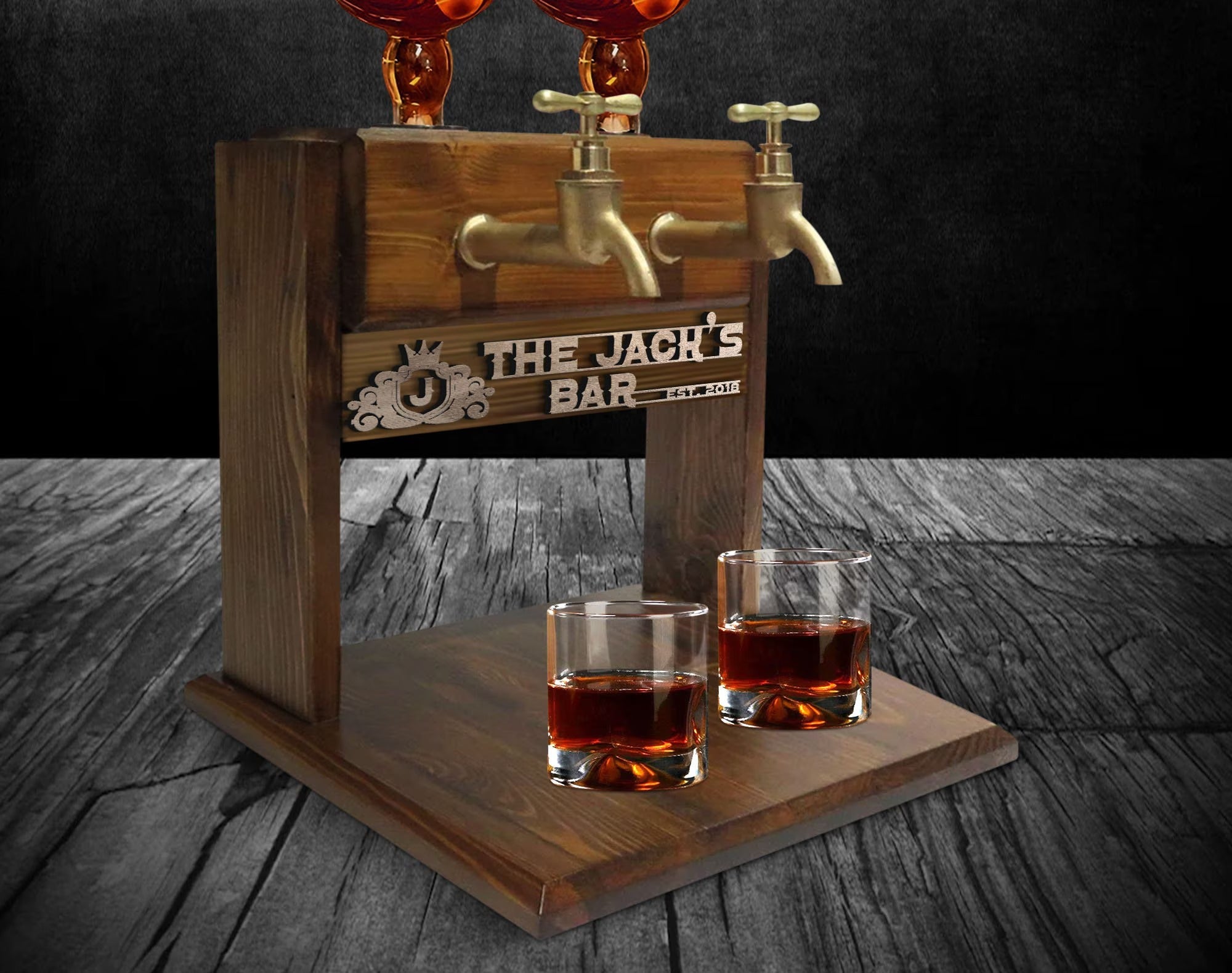 Personalized Embossed Named Wooden Double Faucet Whiskey Dispenser, Bar, Home Bar, Pub and Pub Shed, Wine, Vodka, Liquor Dispenser