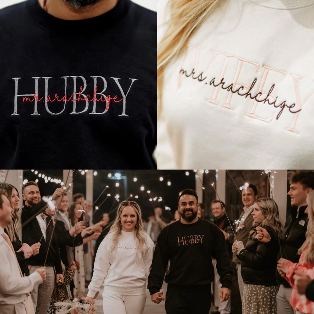 Personalized Wifey Hubby Embroidered Sweatshirt With Date On Sleeve | Anniversary Gift