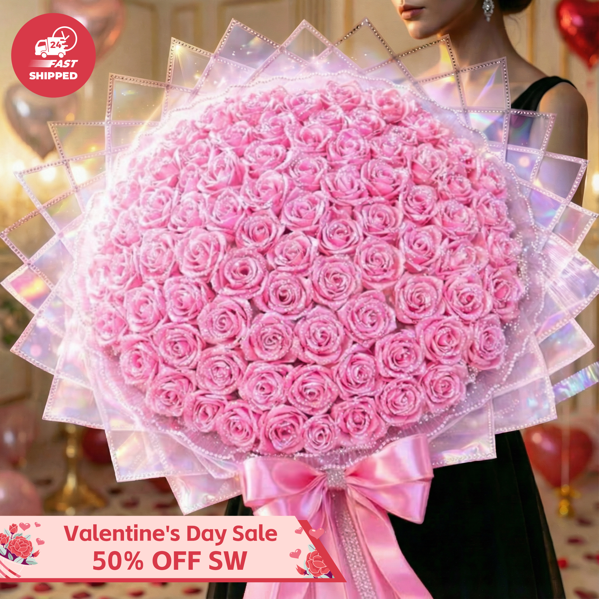 💕Glitter Light Pink Rose Bouquet💕 - An Ideal Expression of Love(Ships Within 24 Hours - Buy More Save More) | Valentines Flower Couple Anniversary Gift