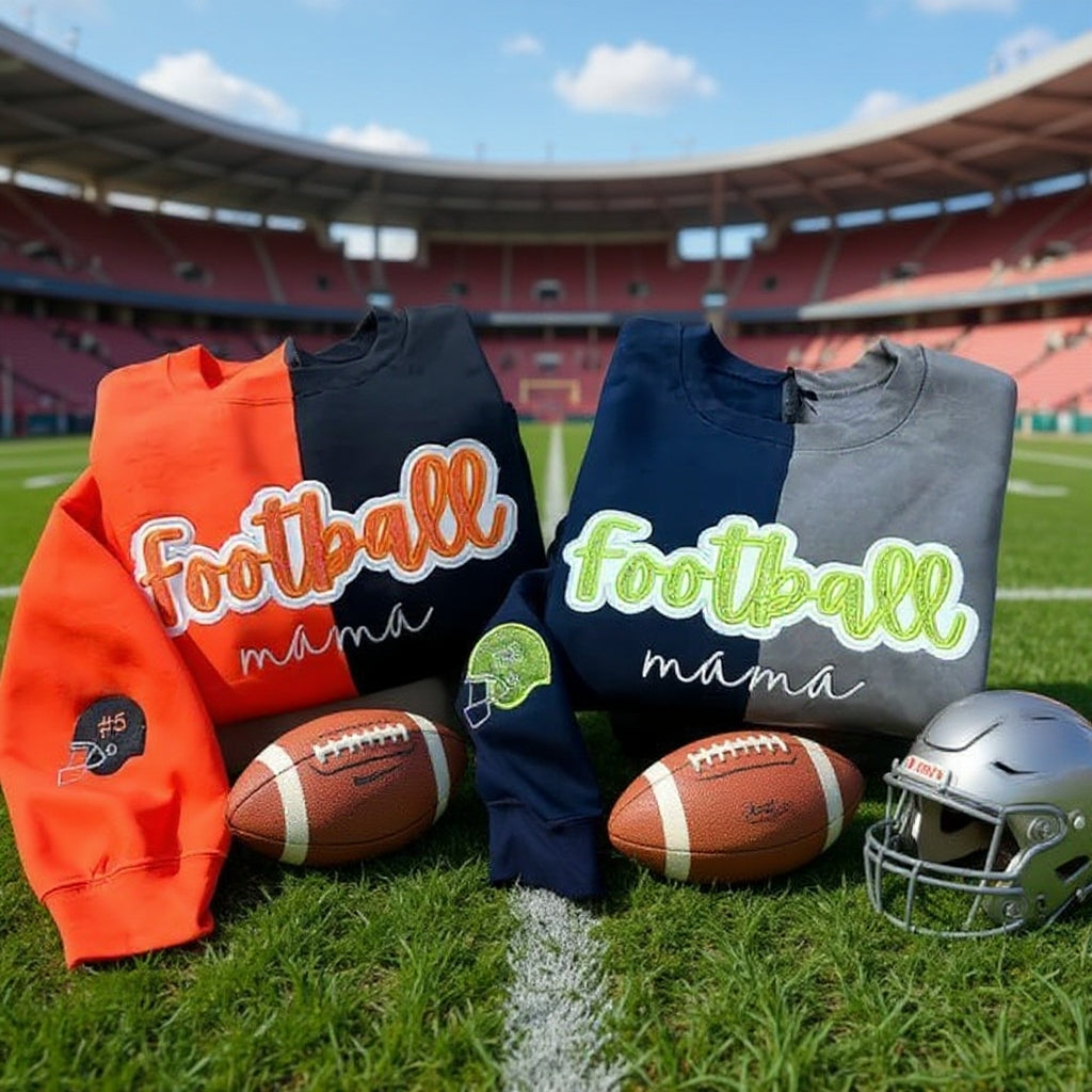 Personalized Embroidered Split Two-Tone Football Mama Game Day Crewneck Sweatshirt