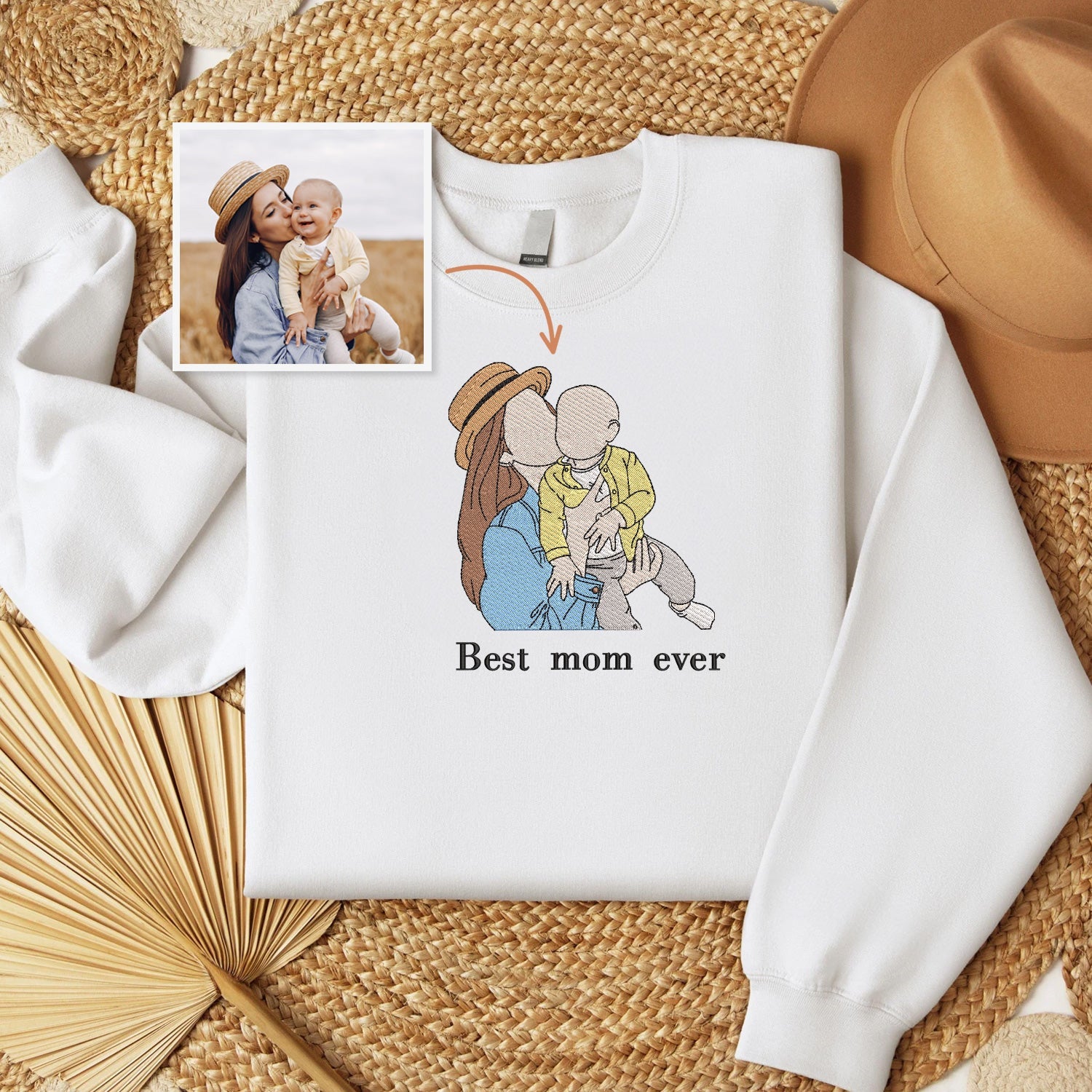 Custom Mom and Daughter/Son Photo Portrait Embroidered Sweatshirt for Mother's Day