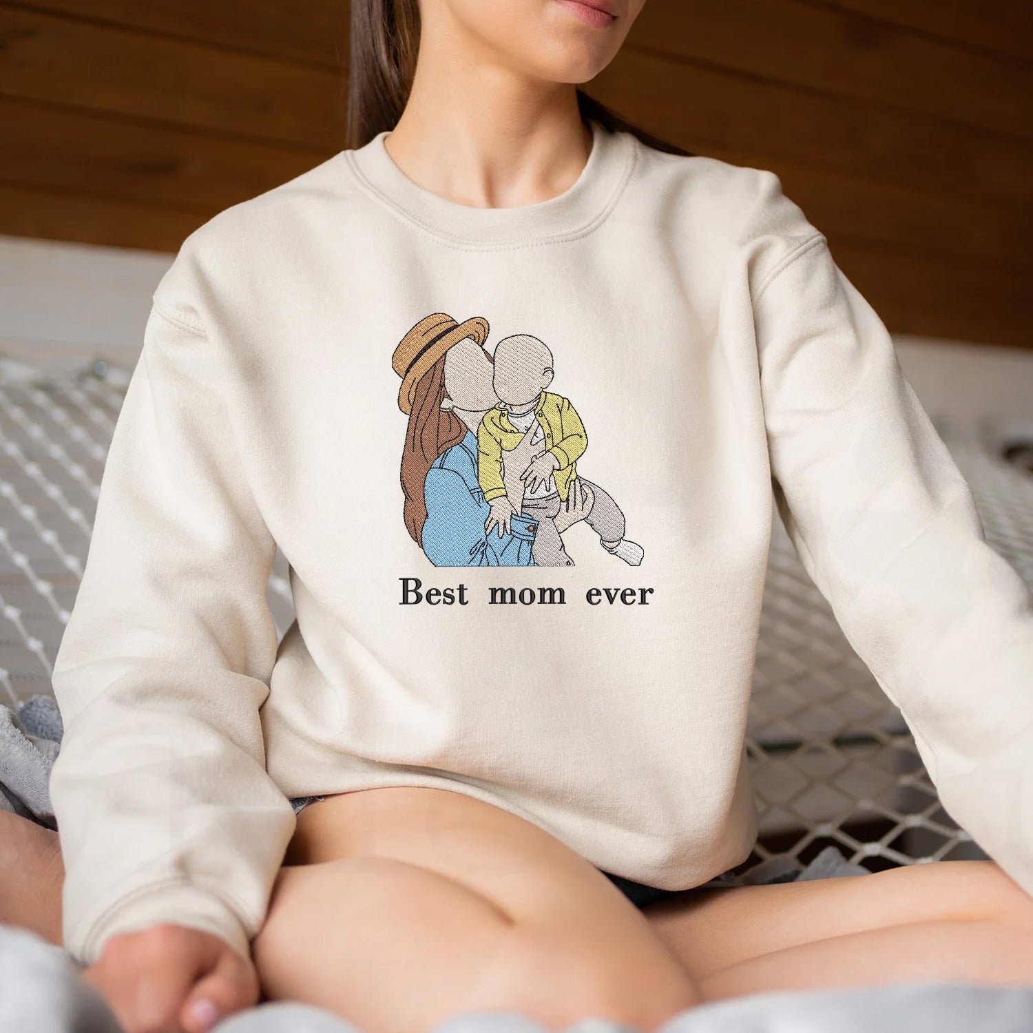 Custom Mom and Daughter/Son Photo Portrait Embroidered Sweatshirt for Mother's Day